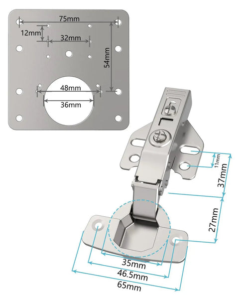 Quiet Hydraulic Soft Close Cabinet Hinges With Self Closing Door Mounts Plus Repair Plates And Screws For Precise 3 Way Adjust kitchen details showing measurements and hinge design.