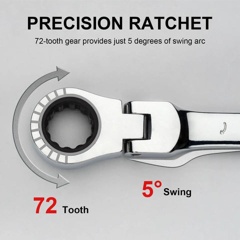 Close-up of 10mm Flex Head Ratcheting Wrench With 72-Tooth Cr-V Steel, 180 Degree Flexible Box End For Tight Spaces