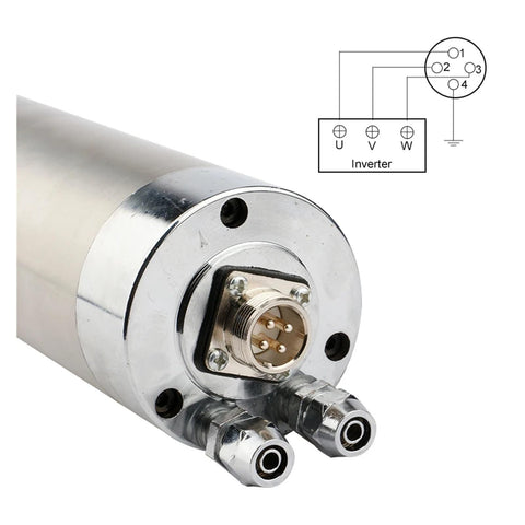 Heavy Duty 800W Water Cooled CNC Spindle Motor Straight Shot Performance For Router Milling with aluminum housing and connectors.