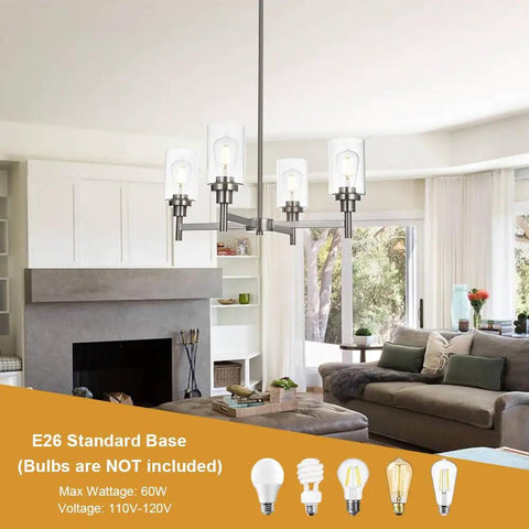 Four Light Modern Chandelier With Slick Brushed Nickel Finish Pendant Lighting With Clear Glass Shades in living room