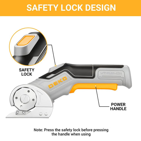 DEKOPRO 4v Cordless Electric Scissors With Safety Lock Cardboard Cutter For Leather Plastic Canvas And Carpet Type C Rechargeable Blade Set Gray safety lock design shown with power handle.