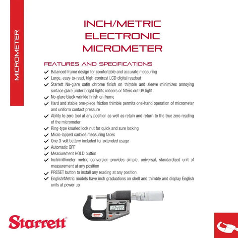 Electronic Micrometer Inch Metric With One Piece Friction Thimble Auto Off 0-1 Inch Range.00005 Inch Resolution LCD Display information