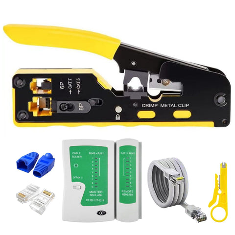 Pro Grade RJ45 Crimp Tool Pass Through Kit With Built-In Tester All In One Ethernet Crimping Set for Cat5 Through Cat8