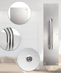 16 Inch Stainless Steel Door Handle Pull Push Set In Silver, Rust-Resistant And Durable, Easy Install, No-Fuss Setup For Quick Replacement, Heavy-Duty Hardware For Interior And Exterior Doors, Sleek Modern Lever Style For Everyday Use, shown with brushed plate and handle close-ups