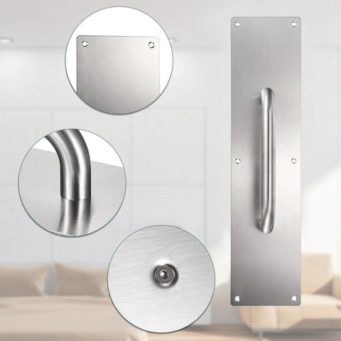 16 Inch Stainless Steel Door Handle Pull Push Set In Silver, Rust-Resistant And Durable, Easy Install, No-Fuss Setup For Quick Replacement, Heavy-Duty Hardware For Interior And Exterior Doors, Sleek Modern Lever Style For Everyday Use, shown with brushed plate and handle close-ups