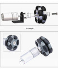 Exploded view of 58mm Plastic Omni Wheel for Robot Car with motor assembly, double row for 360 degree rotation.