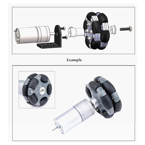 Exploded view of 58mm Plastic Omni Wheel for Robot Car with motor assembly, double row for 360 degree rotation.