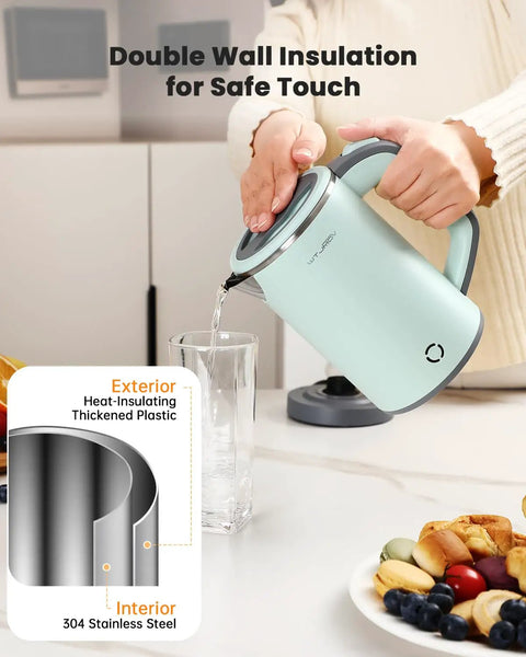 Person pouring water from Compact Stainless Steel Electric Kettle 0.8L Portable For Camping, Travel, Office And Home on table