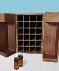 Badass Wooden Storage Box Featuring Twenty Four Compartments For Essential Oils And Perfume Collections with two vials and open compartments.