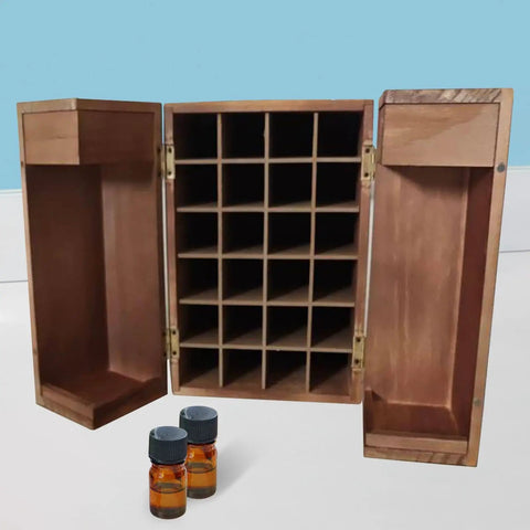 Badass Wooden Storage Box Featuring Twenty Four Compartments For Essential Oils And Perfume Collections with two vials and open compartments.