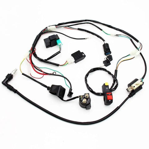 Full Wiring Harness Loom With Solenoid Coil Regulator For 50cc 70cc 90cc 110cc And 125cc Dirt Pit Bikes And Quad ATVs Electric Start Engine Kit With Clear Wiring Diagram Included For Easy Installation And Troubleshooting On Go Karts And Quads