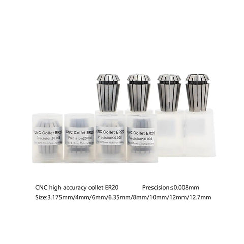 Heavy Duty ER20 CNC Router Spindle Motor With Water Cooled Design And Tough As Nails Steel Bearings For Smooth Woodwork Cutting Plus VFD Inverter Control And Rapid Coolant Pump Setup six ER20 collets in varying sizes with precision labeling, suitable for CNC applications