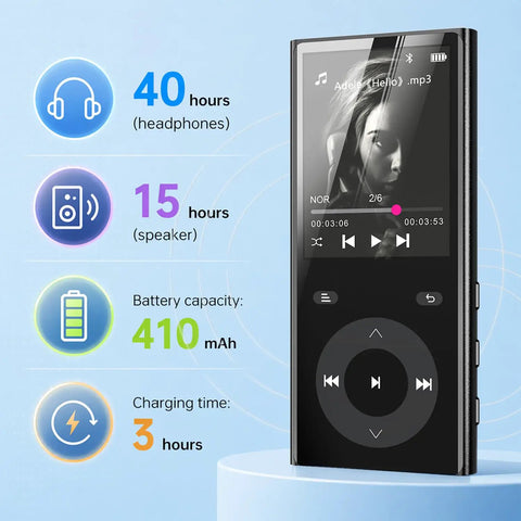 90GB MP3 Player With Bluetooth 5.3 Expandable To 256GB With Dual TF Card Slots displaying Adele song, battery info on blue background