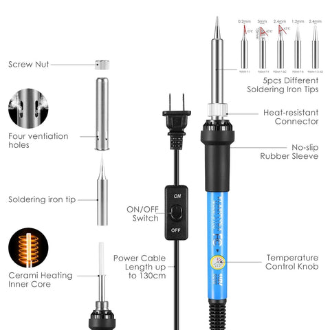 Diagram of 60W Soldering Iron Kit With Adjustable Temperature and 13 in 1 Pro Grade Electronics Tool Set features and components.
