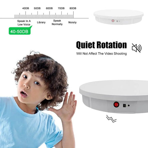 Heavy Duty Motorized Rotating Display Stand With Silent 360 Degree Electric Turntable for showcasing mannequins, child listening to quiet rotation.