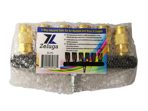 Six Way Air Manifold With One Quarter Inch NPT Quick Connect in packaging with brass fittings and aluminum body