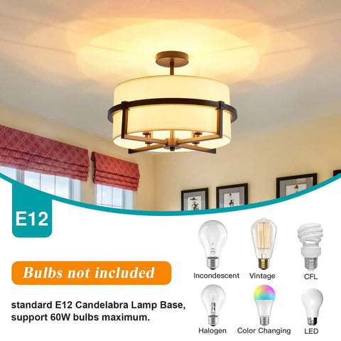 Four Light Modern Drum Chandelier With Fabric Shade, Semi Flush Mount Ceiling Light In Matte Black Iron shown in room setting.