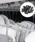 Fits Like A Dream Silicone End Caps 40 Pack in dishwasher with white dishes, showcasing their flexible design to prevent scratching.