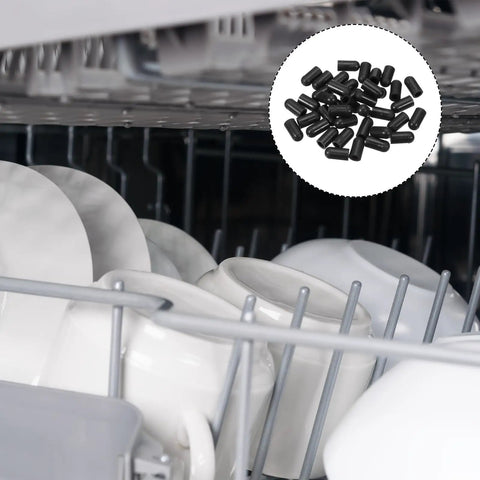 Fits Like A Dream Silicone End Caps 40 Pack in dishwasher with white dishes, showcasing their flexible design to prevent scratching.