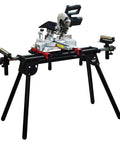 Badass Folding Sliding Circular Saw Stand With Extended Roller Guides And Telescoping Support Arms for stable cutting with black legs.