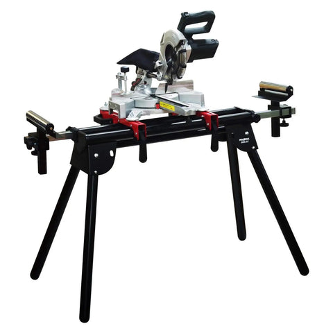 Badass Folding Sliding Circular Saw Stand With Extended Roller Guides And Telescoping Support Arms for stable cutting with black legs.