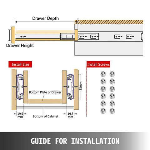 Installation guide for Heavy Duty Ball Bearing Drawer Slides With Lock And Smooth Glide Design Plus Fully Extended Cabinet Rails.