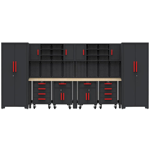Ultimate Garage Gear Up Storage System with Lockable Steel Cabinets, 52 Inch Workbench, Pegboard, and Rolling Tool Chests