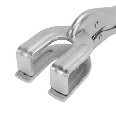 Close-up of Vikye 9 Inch U Shaped Locking Pliers Heavy Duty Steel Welding Clamp jaws for precise metal work.