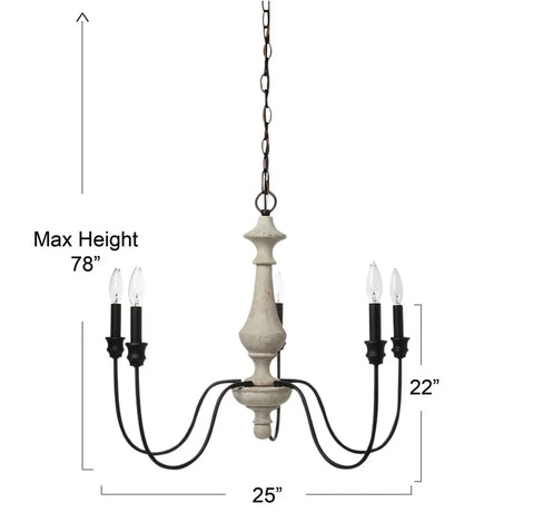 Magnolia Five Light Chandelier In White Washed Wood And Matte Black Metal Finish With Exposed Bulbs Hanging Fixture