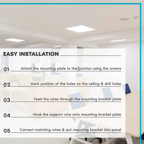 Easy installation steps for 1x1 Ft LED Panel Flush Mount Light With 18W Edge Lit, Five Color Temperature Options From 2700K To 5000K, 1500 Lumens, Surface Mount Ceiling Light, Damp Rated, UL Listed