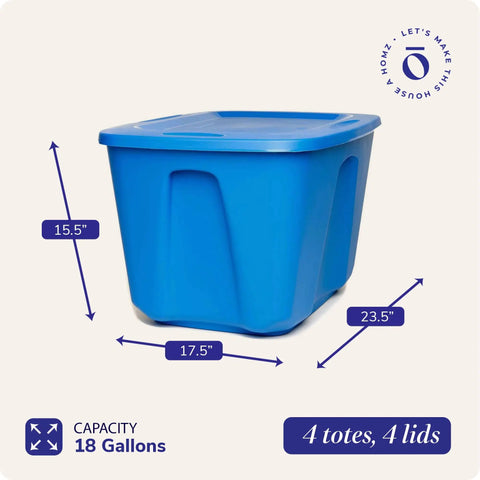 4 Pack 18 Gallon Blue Plastic Storage Bins With Lids, Heavy Duty Molded Stackable Totes for Bedroom, Kitchen, and Garage Organization
