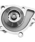 Heavy Duty Engine Water Pump for Jeep Compass and Patriot Keeps Your Motor Running Cool and Smooth on Long Drives Slick Direct Swap Replacement Part for Everyday Rigs, showing top view with metallic finish and mounting holes.