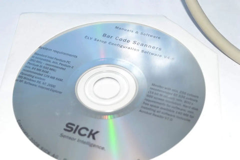 Installation CD for Beefy Fixed-Mount Laser Barcode Scanner CLV490-0010 with software requirements and specifications visible.