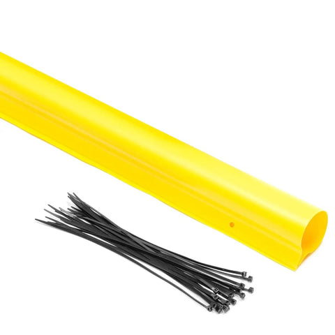 Premium Fence Topper 50 Ft Yellow Chain Link Fence Cover with black zip ties shown for UV resistant safety installation.