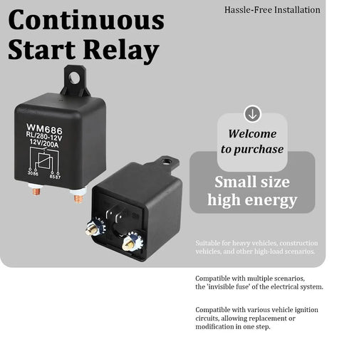 Straight Up Heavy Duty Car Starter Relay 200 Amp 12 Volt 4 Pin SPST Switch shown from multiple angles, compact nylon housing.