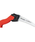 7 Inch Folding Pruning Saw With Fast Cut Razor Tooth Blade Heavy Duty Hand Tool For Tree Branch Trimming And Yard Cleanup, shown with ergonomic red grip.
