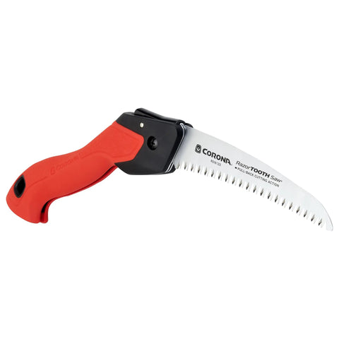 7 Inch Folding Pruning Saw With Fast Cut Razor Tooth Blade Heavy Duty Hand Tool For Tree Branch Trimming And Yard Cleanup, shown with ergonomic red grip.