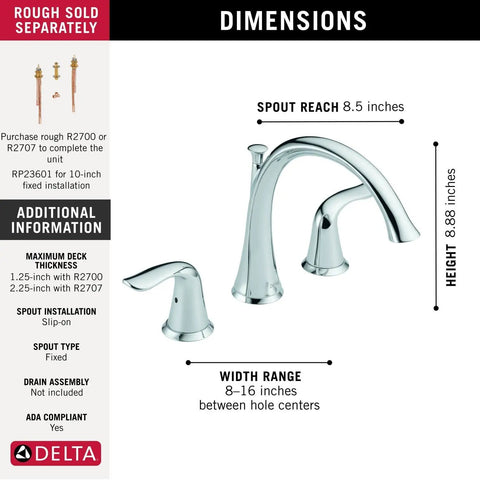 Lahara Two Handle Widespread Roman Tub Faucet Chrome Bath Filler With Sleek Dope Look Durable Metal Construction Three Hole Install Kit diagram