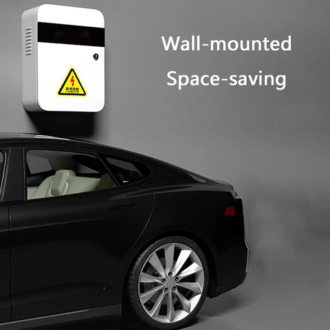 Heavy Duty EV Charger Wall Mount Armor With Secure Combo Lock And Wide Breeze Passages Indoor Outdoor Power Plug Shield on wall near car.
