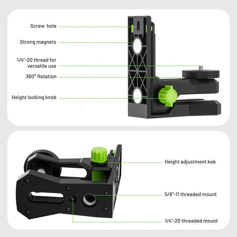 Magnetic L Shape Pivoting Base For Line And Point Laser Levels With 1/4-20 Male Threads 1/4-20 And 5/8-11 Female Mounts