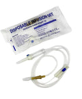 Disposable IV infusion set with clear tubing, drip chamber, and connectors; sterile individual packaging