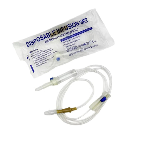 Disposable IV infusion set with clear tubing, drip chamber, and connectors; sterile individual packaging