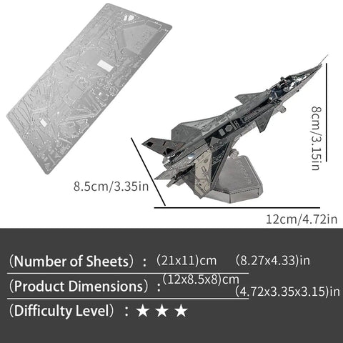 Advanced Dope 3D Metal Puzzle Kit For Adults, Fighter Jet Model J20, parts sheet and completed model, silver stainless steel