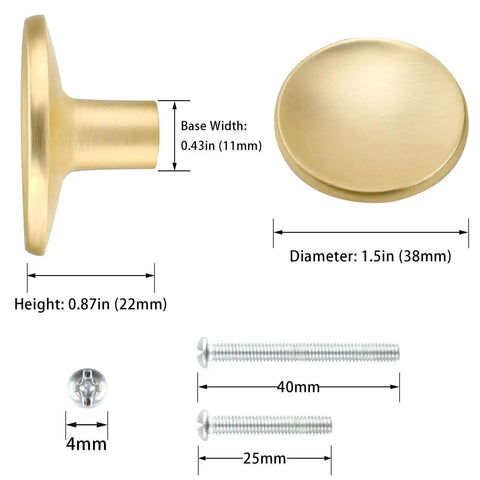 Premium Quality Gold Cabinet Knobs For Modern Kitchen And Bedroom Drawers Durable Zinc Alloy Furniture Handles with dimensions shown.