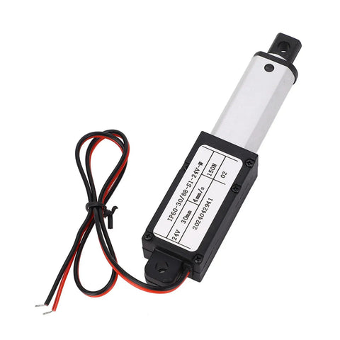 Straight Up Heavy Duty 24V Electric Linear Actuator With 30mm Stroke And 150N Thrust IPX4 Splash Rated showing wires and label.