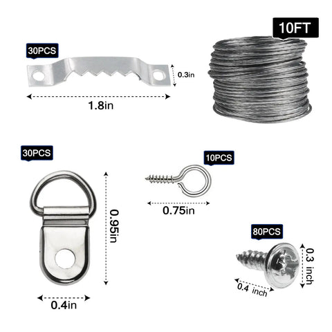 Pro Level Picture Hanging Wire Kit With D Rings And Wall Mount Screws For Frames And Canvases Dead Simple Setup Hardware, 10ft wire and components.