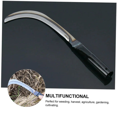 Effortless Mowing Sickle Set For Weeding And Harvesting Rugged Hand Tool on black background, close-up of handle and blade.