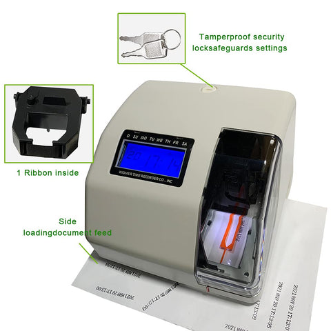 Top Tier Digital Time Stamp And Electronic Time Clock Featuring Custom Date Number Seal For Office Documents Slick Self Inking Design No Sweat Setup showing side-loading document feed and digital display.