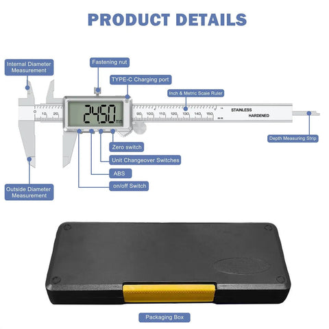 Go-To 6 Inch Digital Caliper With Rechargeable Battery, Inches To Millimeters Conversion, Big LCD Screen, Stainless Steel Measuring Tool