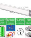 Lit 54 LED Under Cabinet Lights USB Rechargeable Kitchen Night Light Motion Activated Battery Operated Closet Pantry Lighting Sleek Aluminum 2 Pack Warm White showing dimensions and features